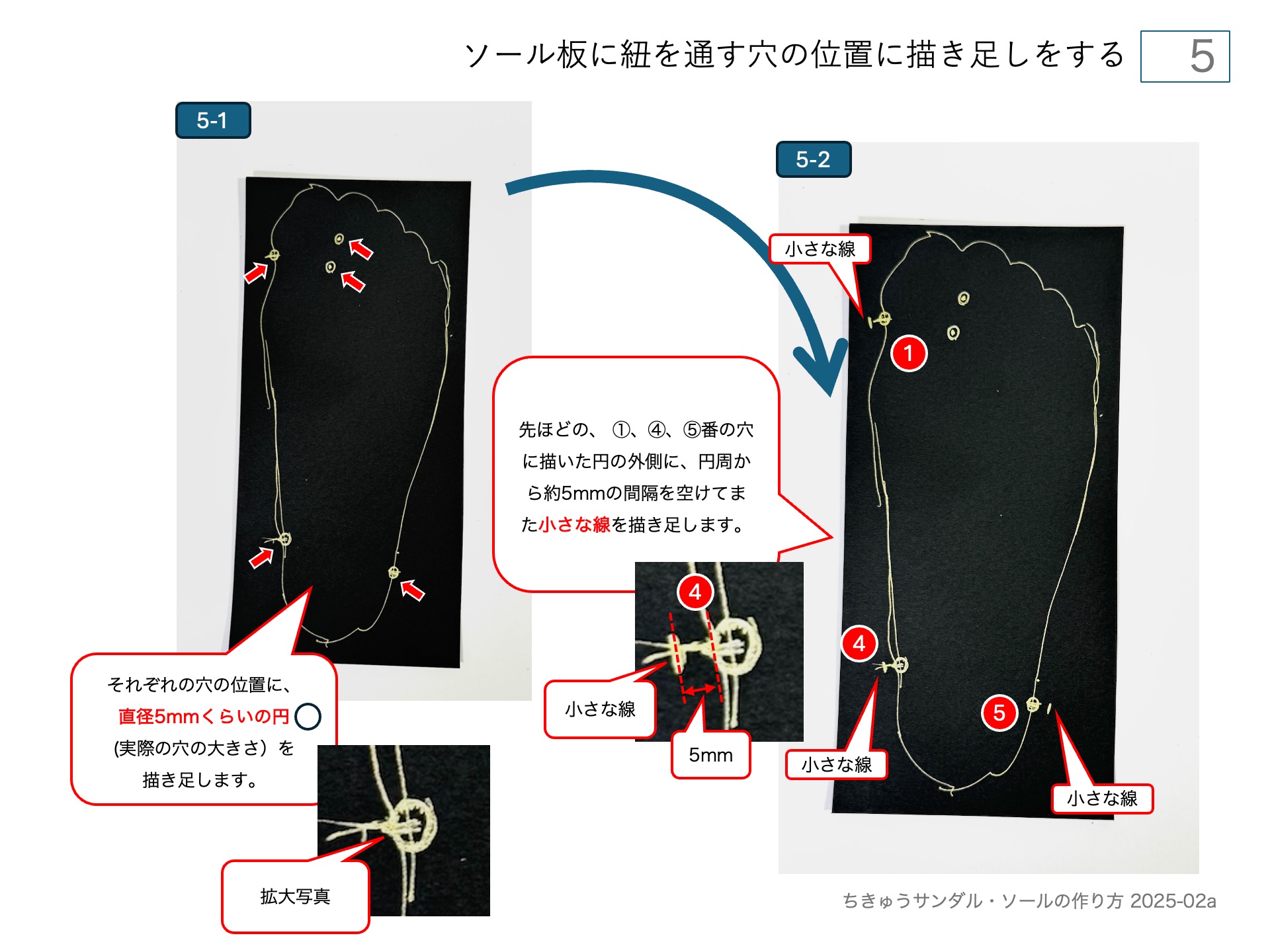 ワラーチ（ちきゅうサンダル )のソールの作り方・ソール板に紐を通す穴の位置に描き足しをする