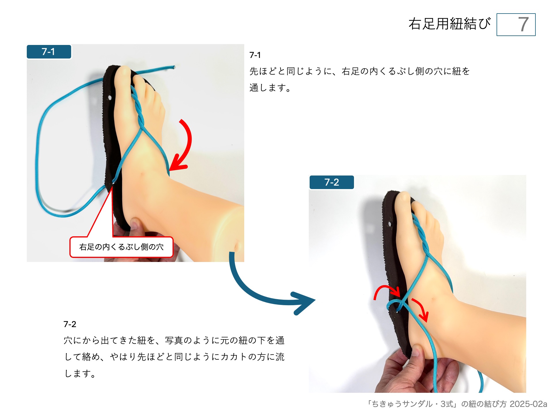 ワラーチ（ちきゅうサンダル )のソールの作り方・右足用紐結び 7