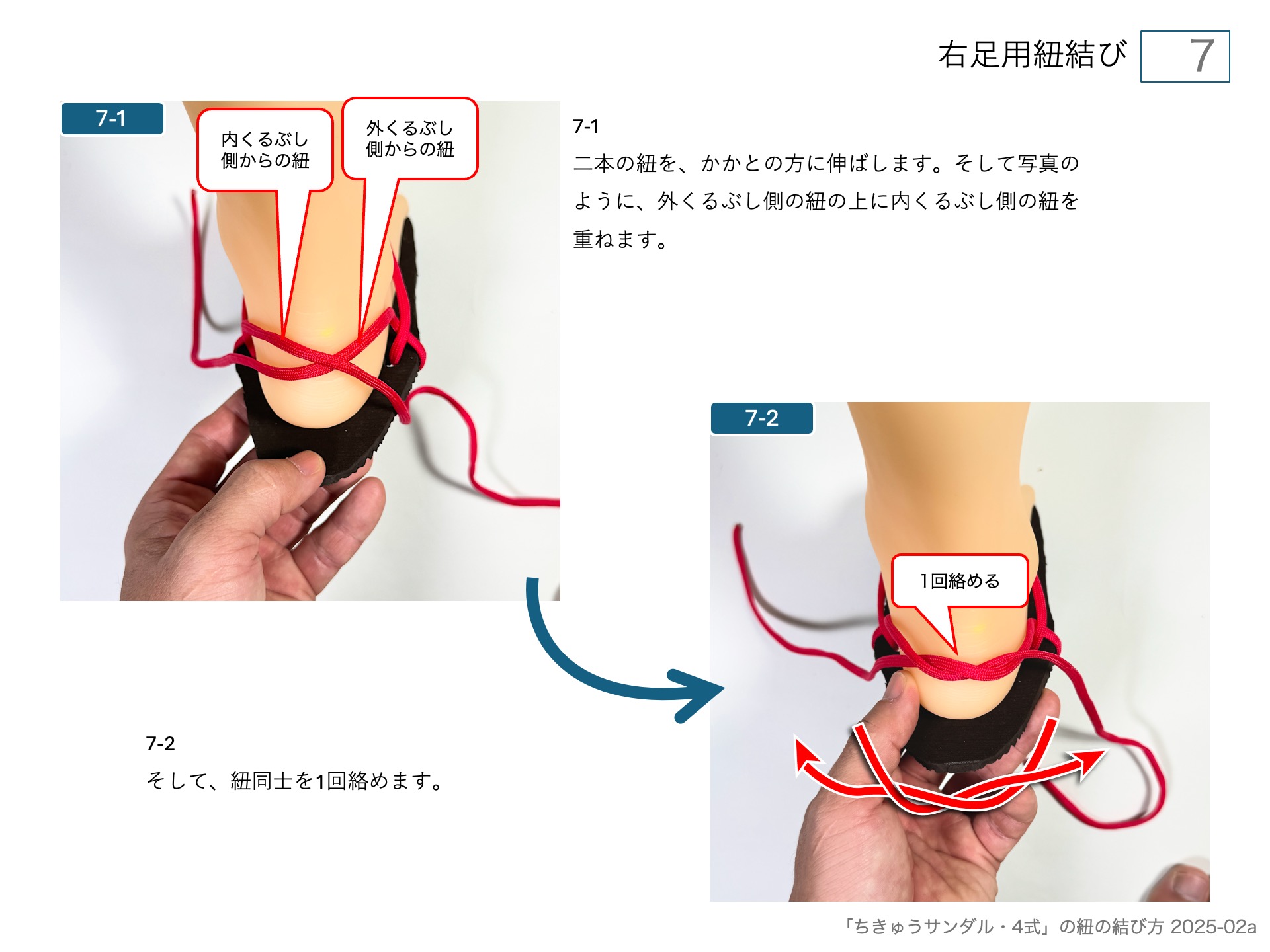 手作りワラーチ「ちきゅうサンダル・4式」の紐の結び方 　右足用紐結び 7