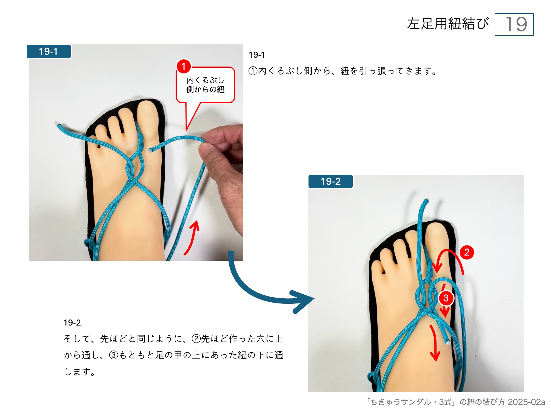 ワラーチ（ちきゅうサンダル )のソールの作り方・左足用紐結び 19