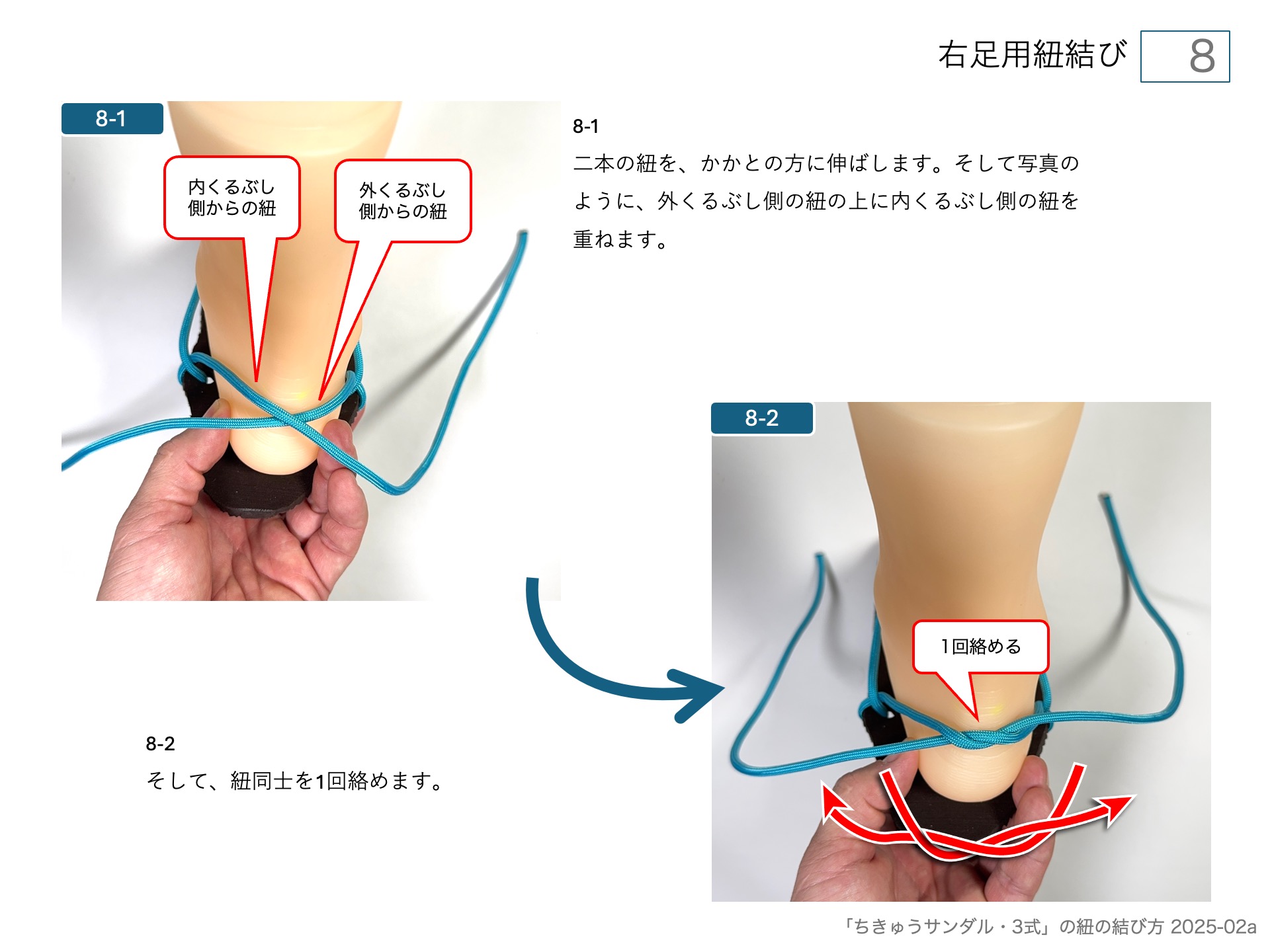 ワラーチ（ちきゅうサンダル )のソールの作り方・右足用紐結び 8