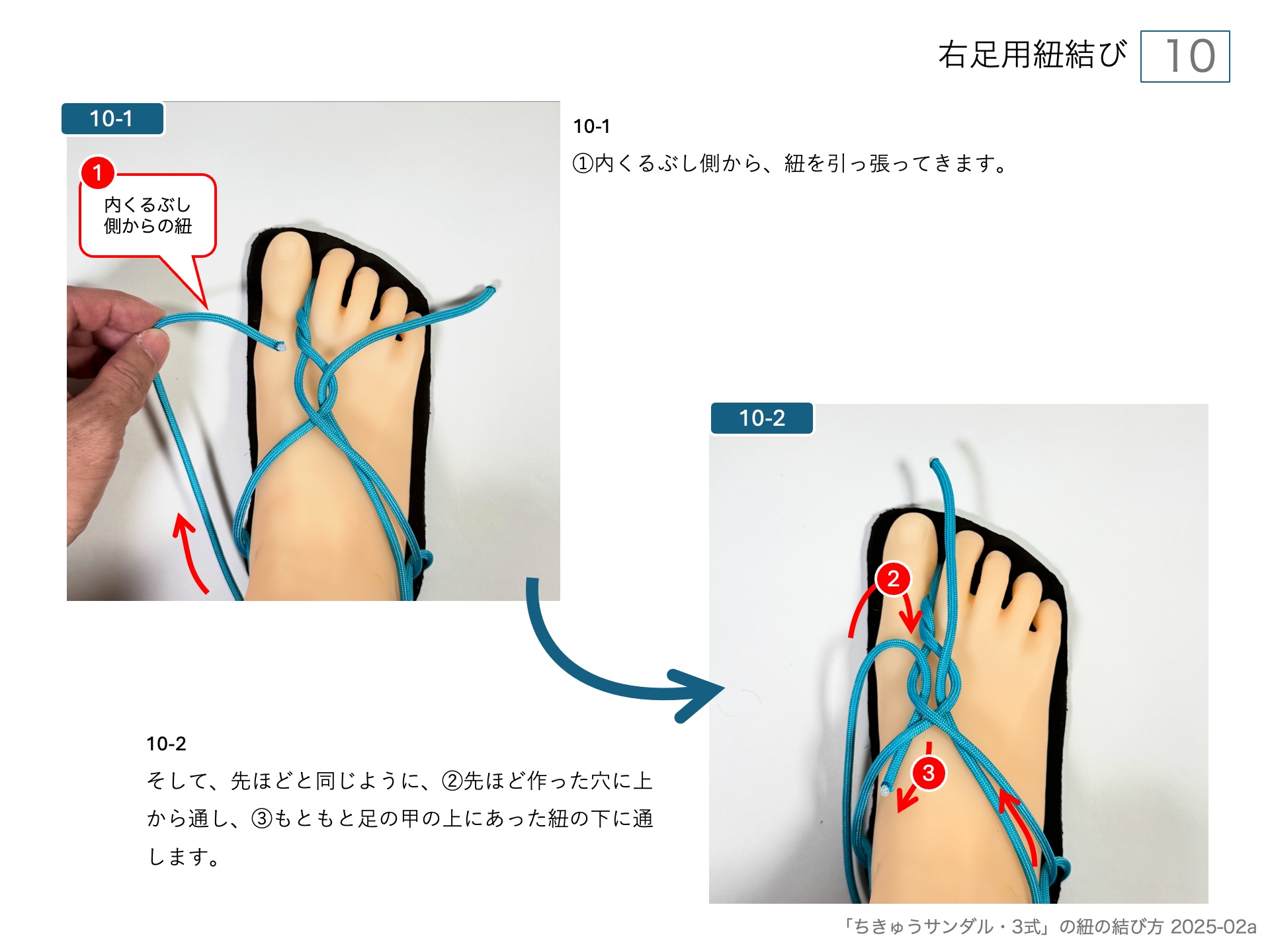 ワラーチ（ちきゅうサンダル )のソールの作り方・右足用紐結び 10