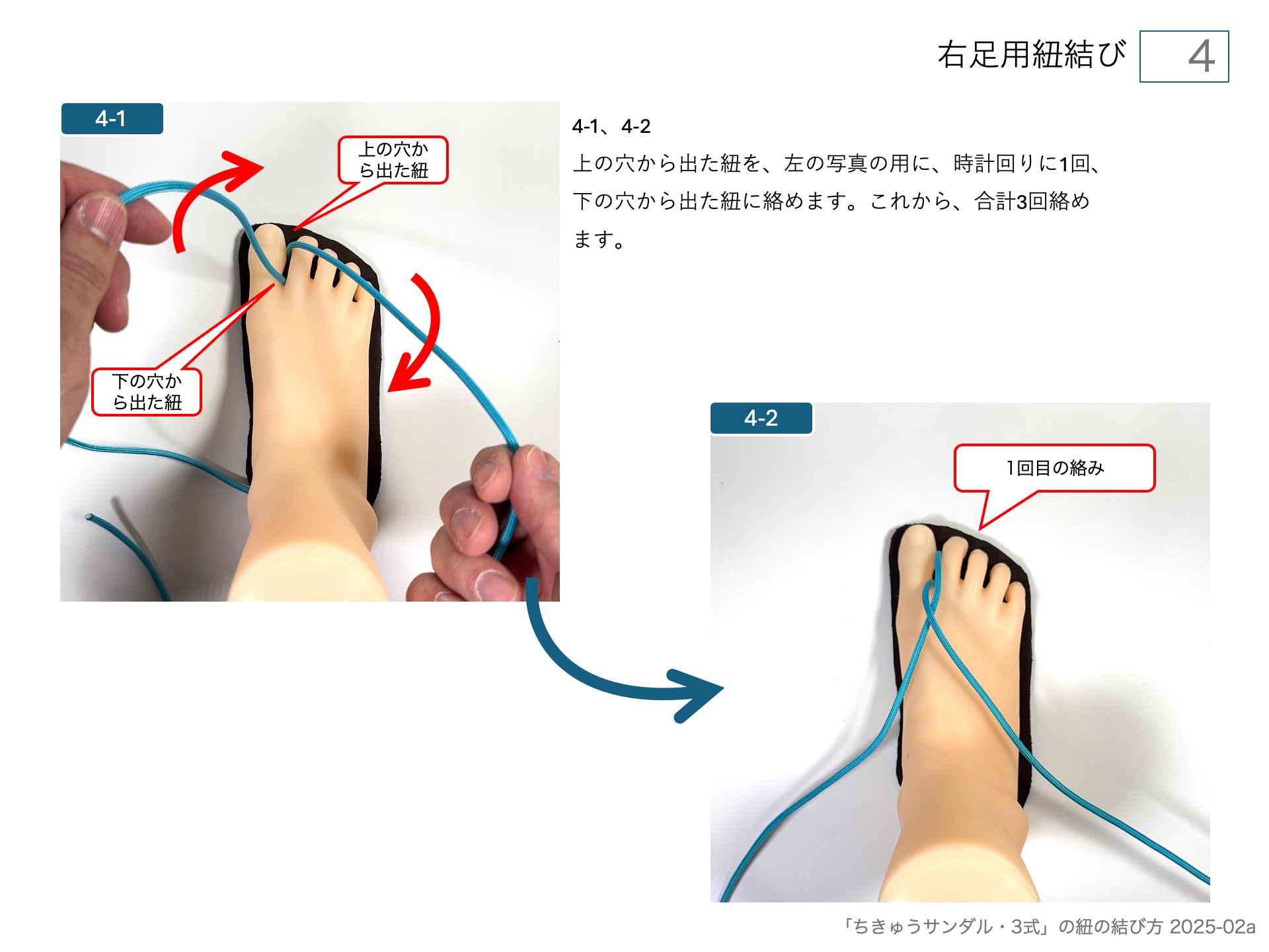 ワラーチ（ちきゅうサンダル )のソールの作り方・右足用紐結び 4