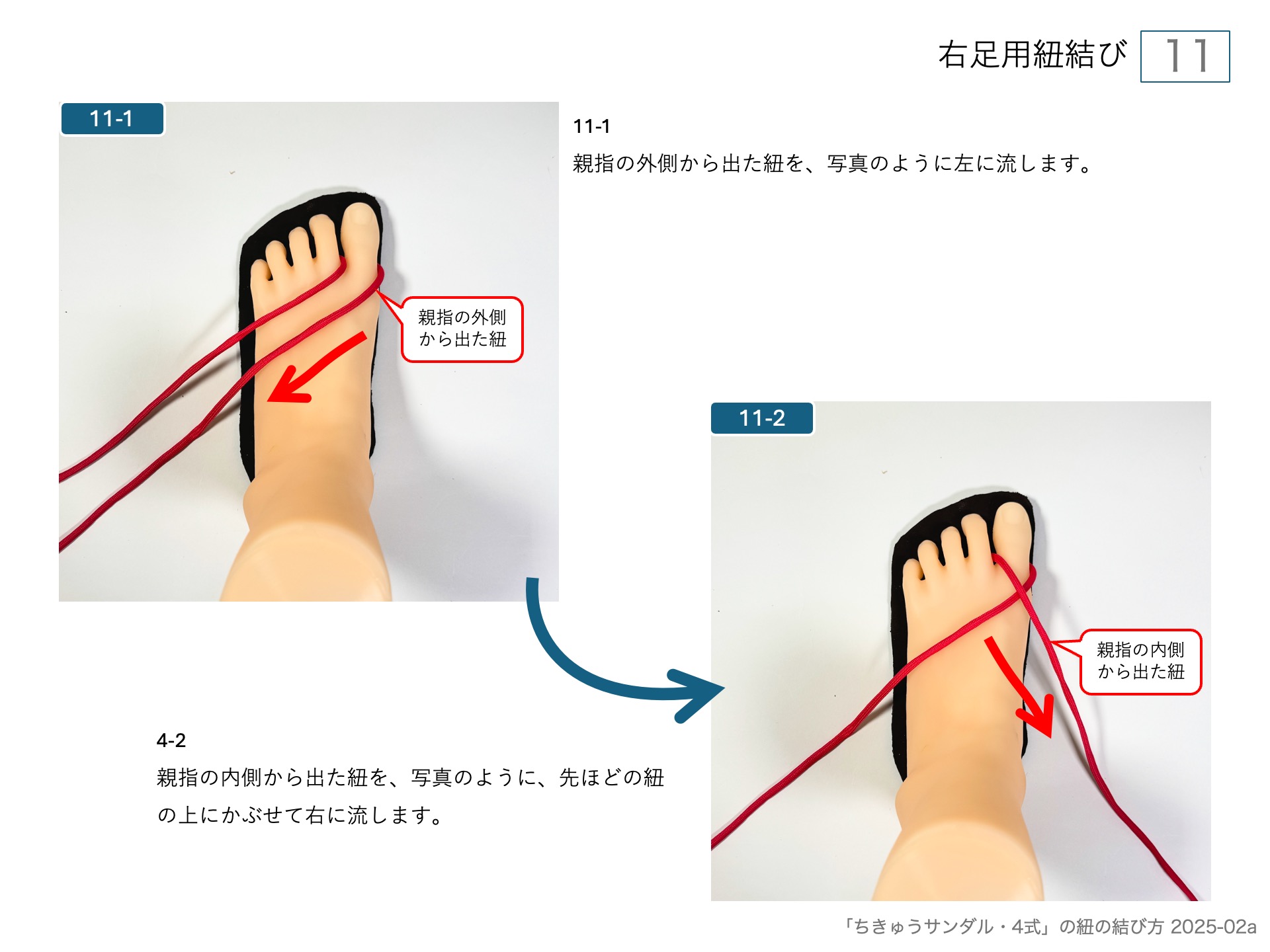 手作りワラーチ「ちきゅうサンダル・4式」の紐の結び方 　左足用紐結び 11