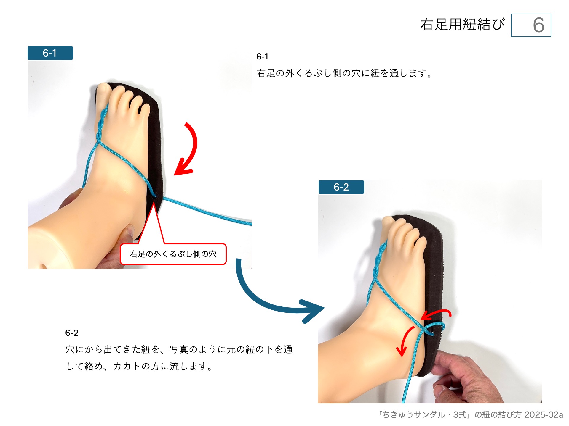 ワラーチ（ちきゅうサンダル )のソールの作り方・右足用紐結び 6