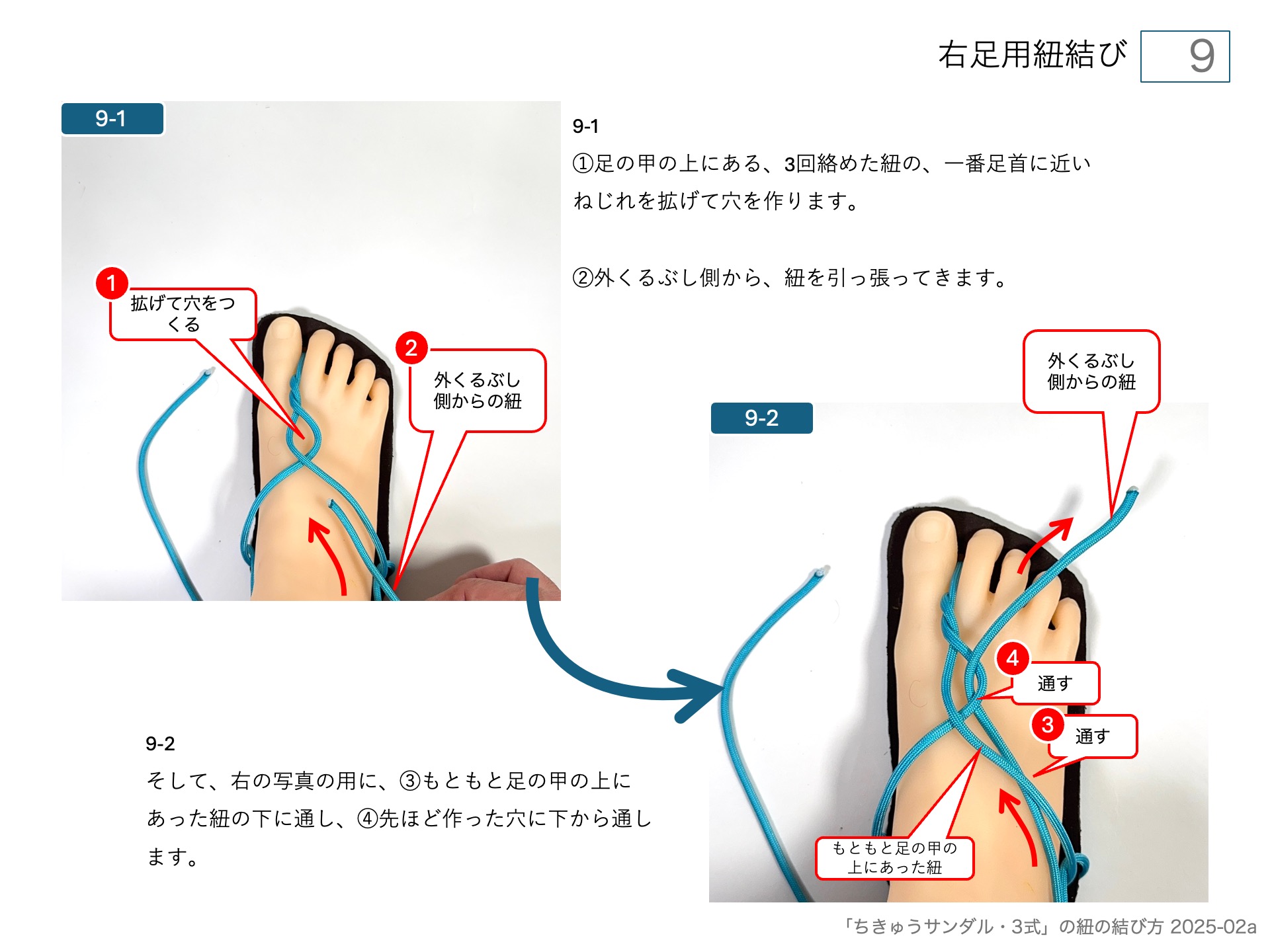 ワラーチ（ちきゅうサンダル )のソールの作り方・右足用紐結び 9