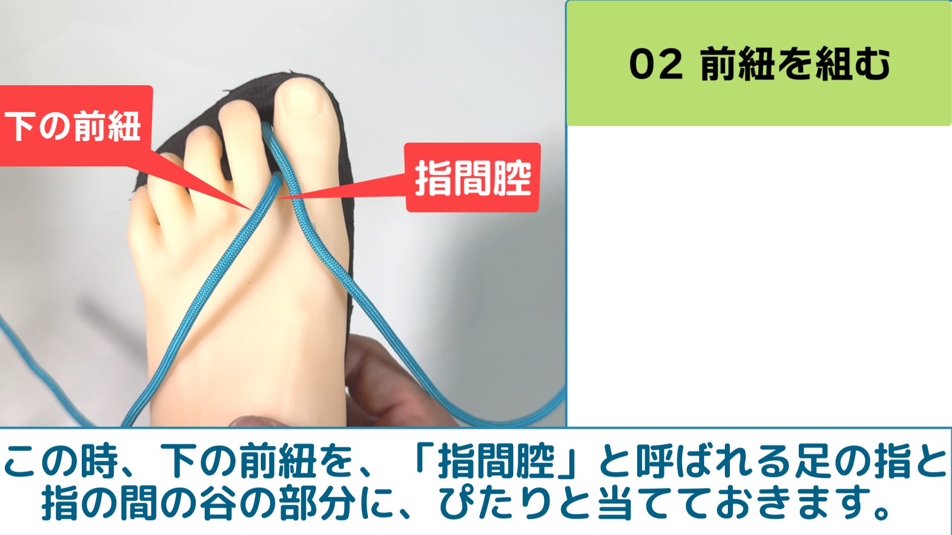 この時、下の前紐を、「指間腔」と呼ばれる足の指と指の間の谷の部分に、ぴたりと当てておきます。