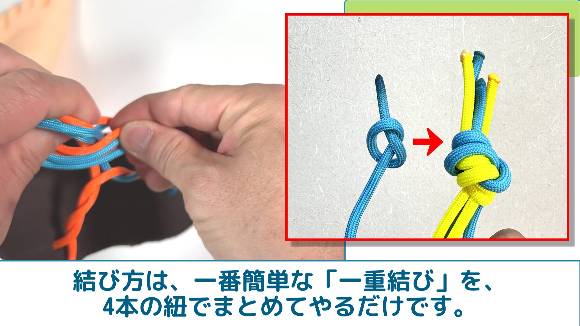 結び方は、一番簡単な「一重結び」を、4本の紐でまとめてやるだけです。