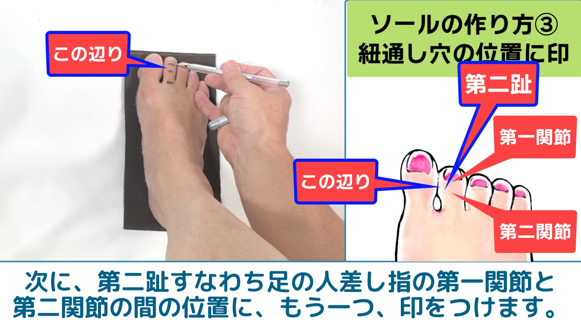 次に、第二趾すなわち足の人差し指の第一関節と第二関節の間の位置に、もう一つ、印をつけます。