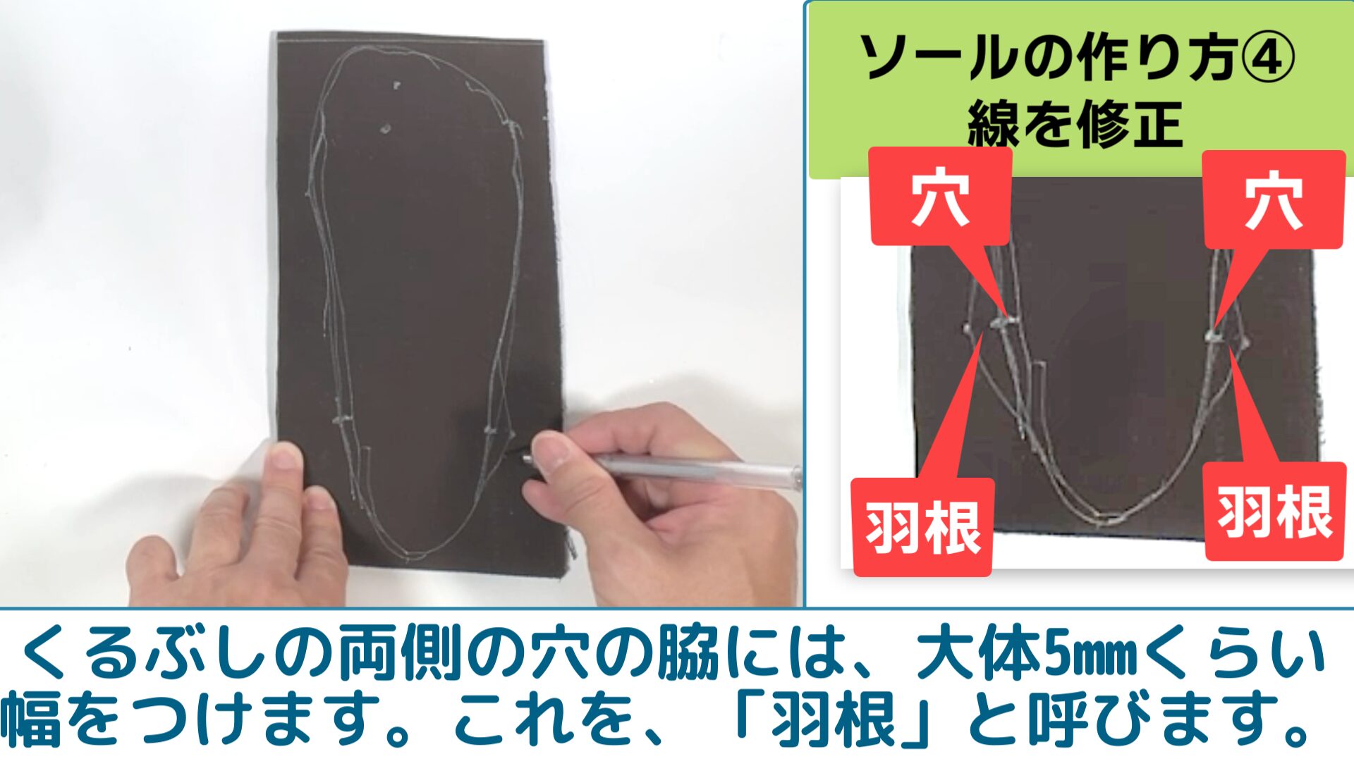 くるぶしの両側の穴の脇には、大体5mmくらい幅をつけます。これを、「羽根」と呼びます。