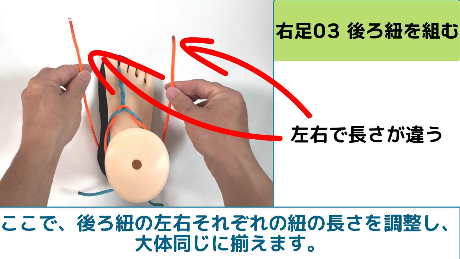 ここで、後ろ紐の左右それぞれの紐の長さを調整し、大体同じに揃えます。