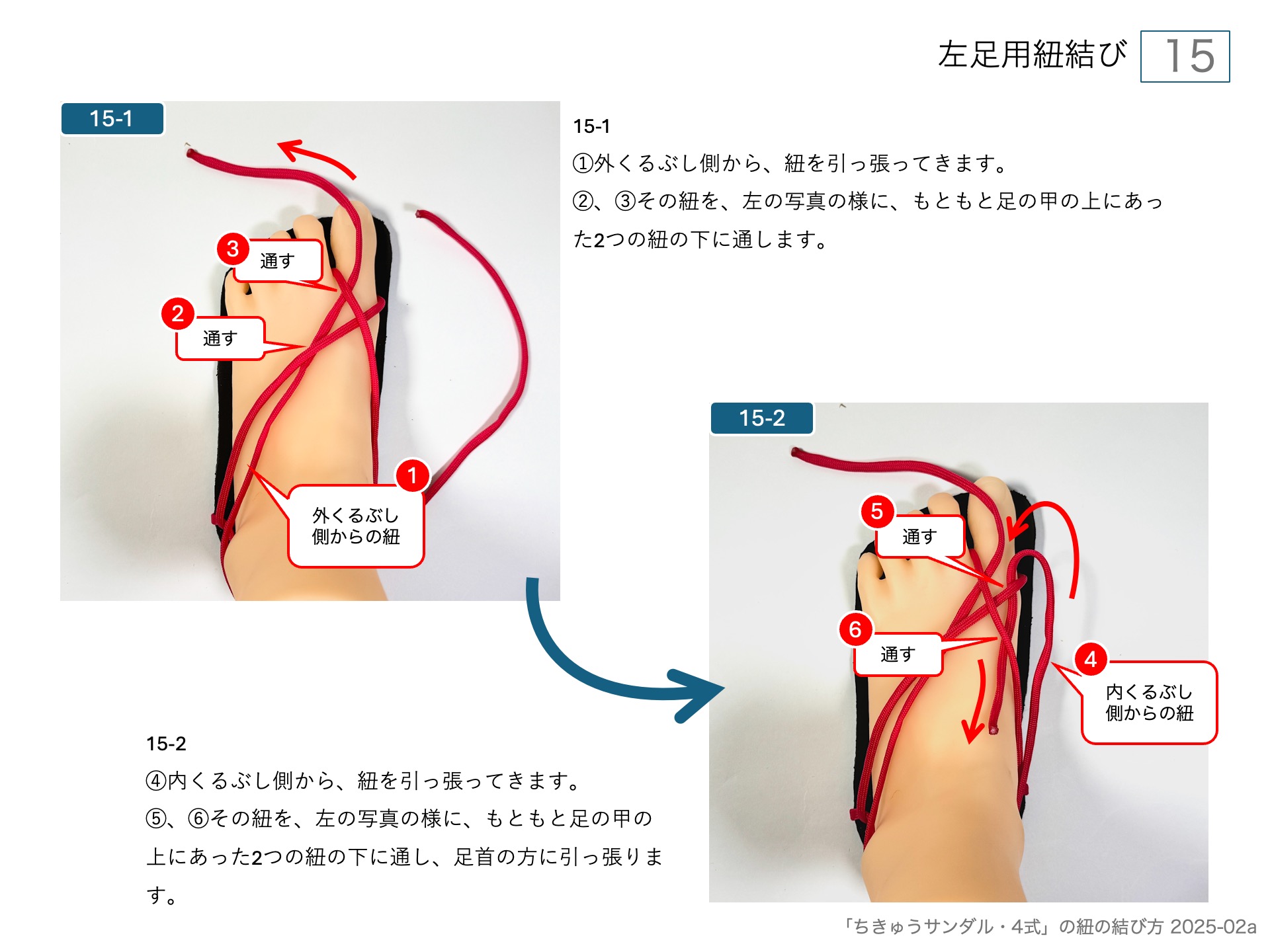 手作りワラーチ「ちきゅうサンダル・4式」の紐の結び方 　左足用紐結び 15