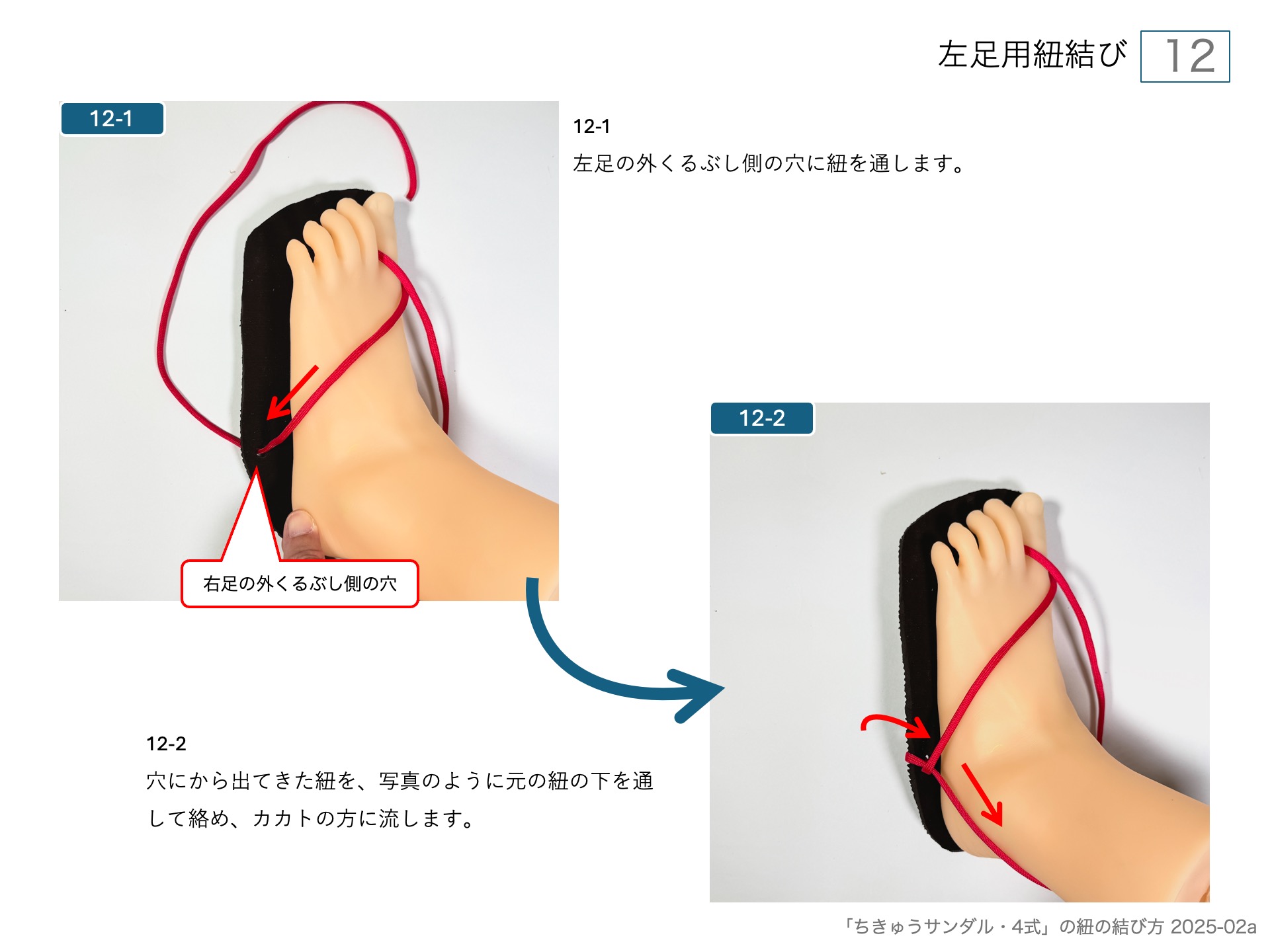 手作りワラーチ「ちきゅうサンダル・4式」の紐の結び方 　左足用紐結び 12