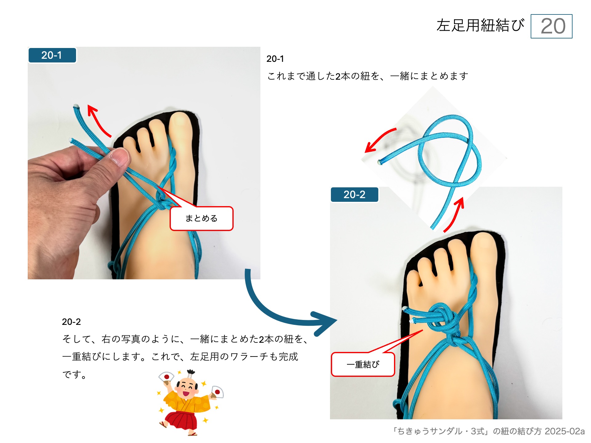 ワラーチ（ちきゅうサンダル )のソールの作り方・左足用紐結び 20