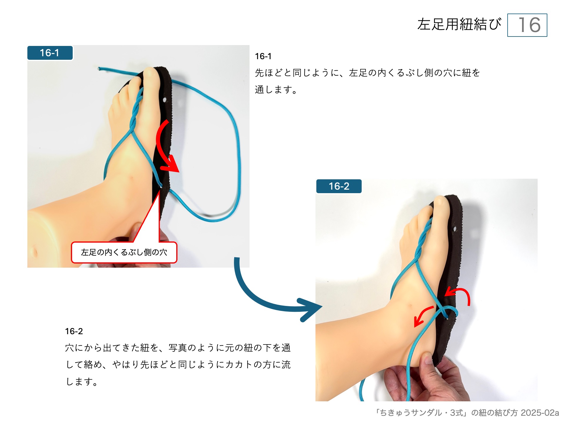 ワラーチ（ちきゅうサンダル )のソールの作り方・左足用紐結び 16